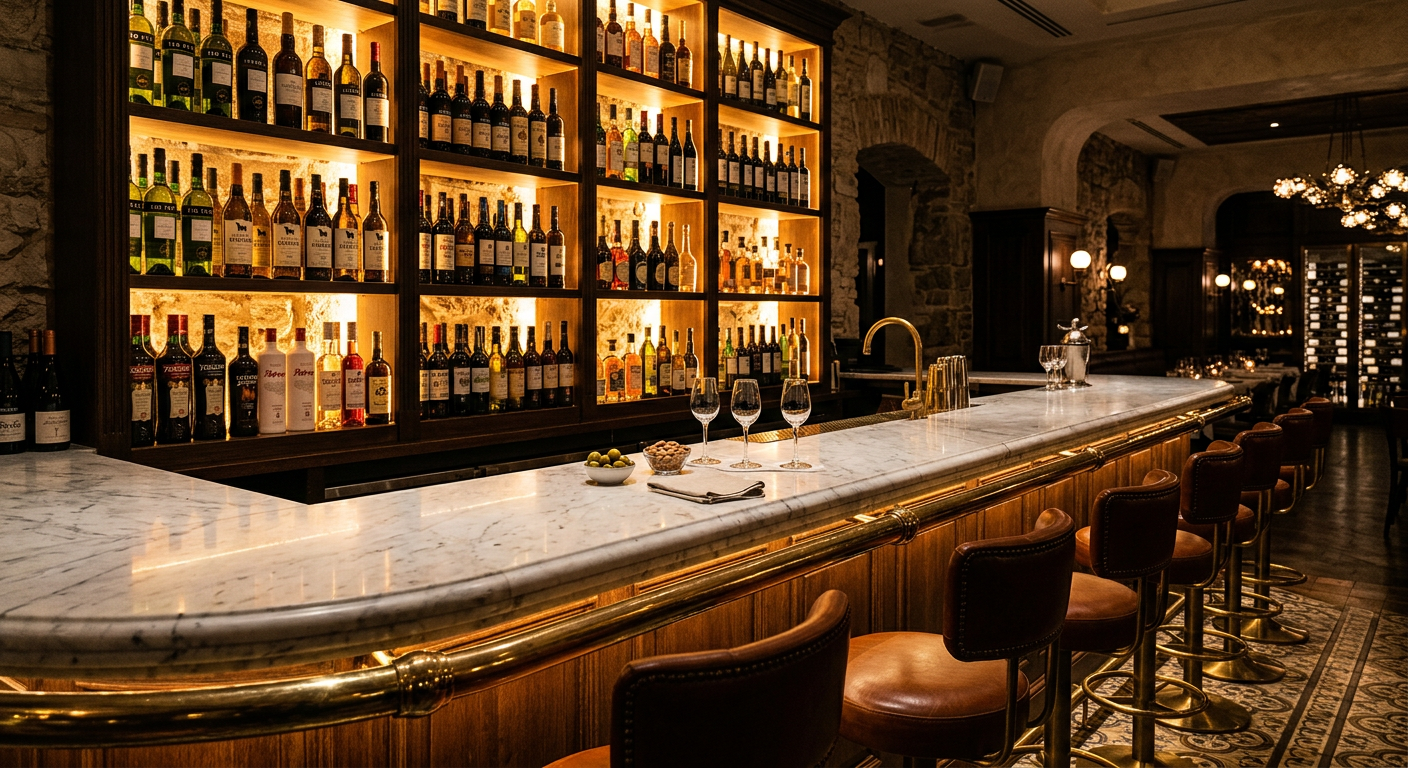 The marble bar at Levante lined with sherry bottles and a vermouth tap